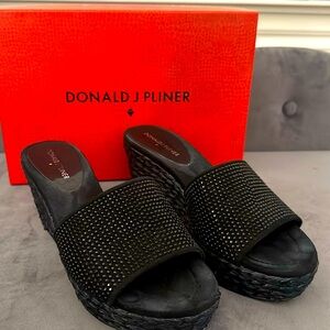 Donald Pliner black crystal and straw wedges.